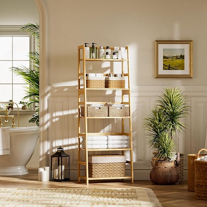Ladder Shelf, 5-Tier Bookshelf, All Bamboo Heavy Duty Bookcase, Freestanding Open Wood Storage Rack, Modern Corner Display Plant Stand for Living Room, Home Office, Bathroom, Bedroom, Natural