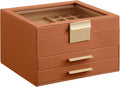 SONGMICS Jewelry Box Organizer with Glass Lid, 3-Layer Jewelry Storage, with 2 Drawers, Modern Style, Christmas Gift, 8 x 9.1 x 5.3 Inches, Caramel Brown and Gold Color UJBC239K01