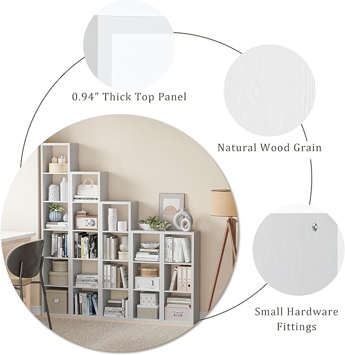 Cube Storage Organizer Bookcase, Decorative 11 inch Open Back Cubical Shelf with Thickened Border, Display Bookshelf for Living Room, Home Office, Sturdy Room (White, 7 Cube)