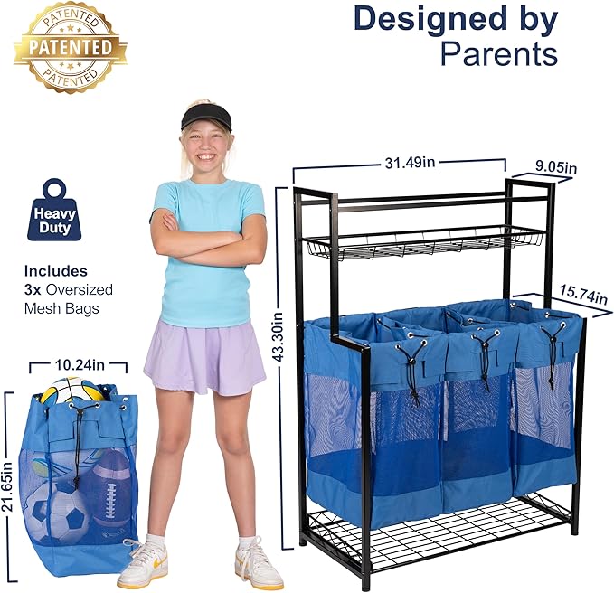 KASSELL Garage Sports Organizer Storage rack for sports equipment Ball, Heavy Duty Toy and Gear Storage Organizer with Grab and go bags (Blue)
