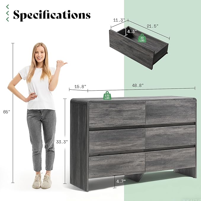 AMERLIFE 6 Drawer Dresser for Bedroom, 49" Long Modern Chest of Storage Drawers with Rounded Corners, Anti-Tip Kit, Wood Cabinet Organizer for Closet, Apartment, Nursery, Easy Assembly, Black