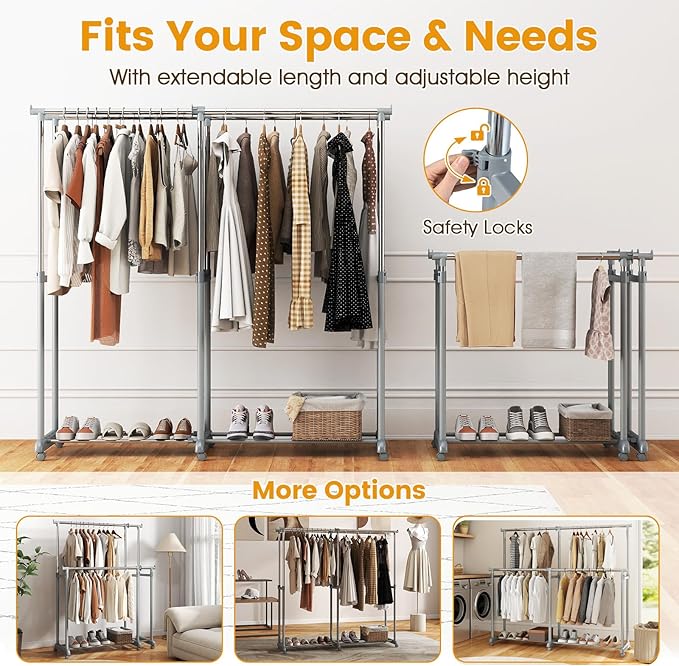 COSTWAY Double Rod Clothing Rack, Heavy-Duty Metal Garment Rack with Extendable Height & Width, Adjustable Rolling Closet Rack for Hanging Clothes with Wheels for Dressing Room, Laundry, Living Room