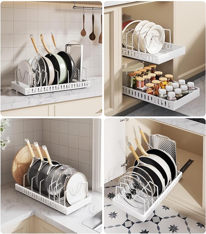 Pull Out Pots and Pans Organizer Under Cabinet, Sliding Lid Holder and Pan Rack in Kitchen, Slide Out inside Cabinet Storage for Pot Lid, Bakeware, Dishes, 8 Adjustable Dividers, 2 Pack White