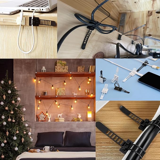 Adjustable 3M Adhesive Cable Management Clips 50Pcs, Large self Adhesive Cable Ties Clips ，Suitable for Cable Management Under desks and on Walls(Black)