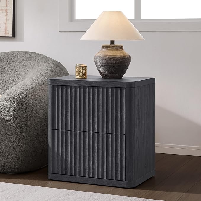 SICOTAS Night Stand Set of 2 Nightstands with 2 Drawers Storage Bedside Table Large Fluted Bed Side End Table Modern 24.4" Tall Wide Night Stands for Bedroom Living Room Sofa Couch Office