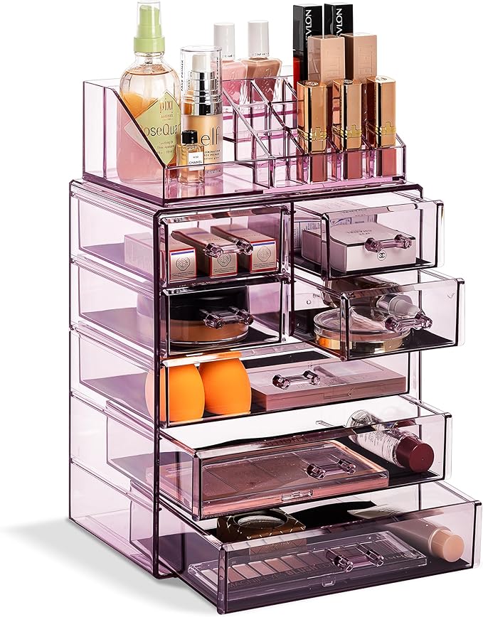 Sorbus Clear Cosmetic Makeup Organizer - Make Up & Jewelry Storage, Case & Display - Spacious Design - Great Holder for Dresser, Bathroom, Vanity & Countertop (3 Large, 4 Small Drawers) [Purple]