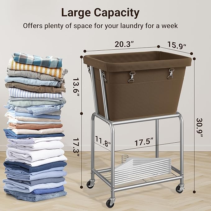 ELYKEN Laundry Cart with Wheels, Rolling Laundry Hamper with Removable Bag and Shelf, Metal Frame Laundry Basket with 4 Casters and 2 Brakes, Ideal for Bedroom, Bathroom, Laundry Room, Camel Brown