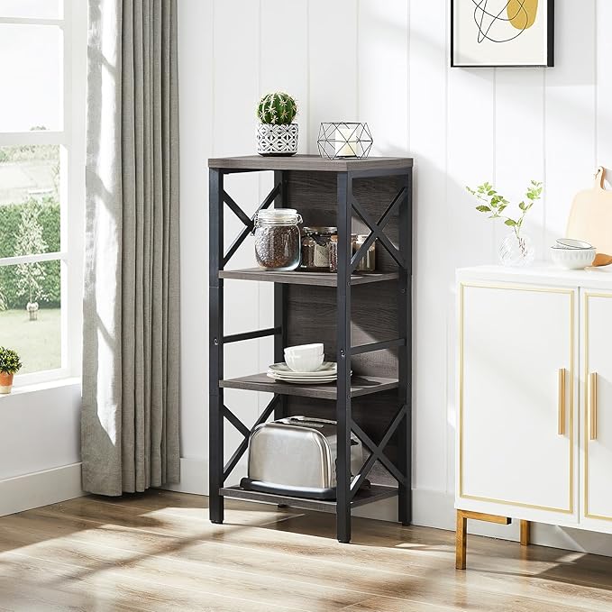 Small Bookshelf,4 Tier Industrial Bookcase with Metal Frame and Backboard,Narrow Rustic Gery Book Shelf,Book case for Small Spaces,Living Room,Bedroom and Home Office