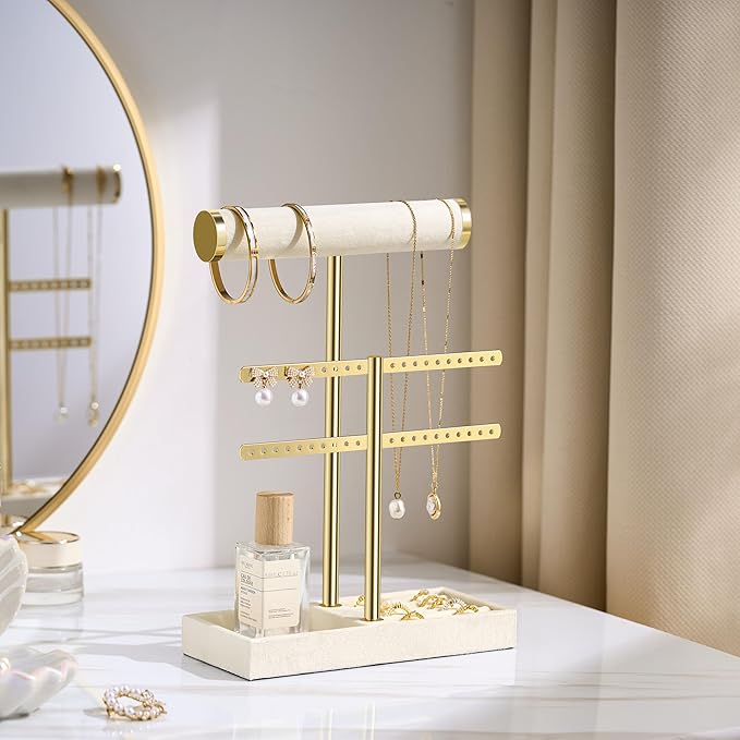 2 Tier Bracelet Holder Display - Detachable T Bar Beige Velvet Bracelet Holder, Jewelry Holder Organizer for Bracelet, Necklace, Earrings, Rings