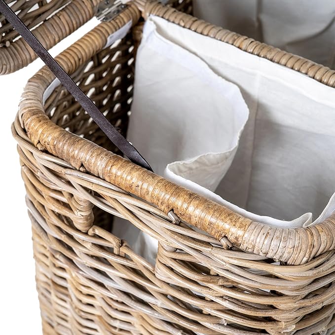 The Basket Lady 3-Compartment Wicker Laundry Sorter Hamper, 30 in L x 15 in W x 28 in H, Serene Grey