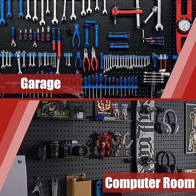 Peg Board 8 Pack Metal Pegboard Panels with 50 Hooks, Heavy Duty Pegboard Wall Organizer, Black Pegboards for Workbench, Garage Tool Storage, Office Organization, Kitchen, Craft Room