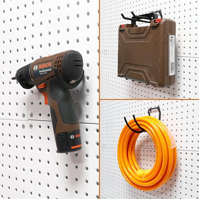 HUHOLE Pegboard Drill Holder, Peg Board Utility Hooks, 8 Pack Heavy Duty Peg Board Tool Holder for Power Tools, Drill, Hammer, Cord, Fit for 1/4" Pegboard(8PC)