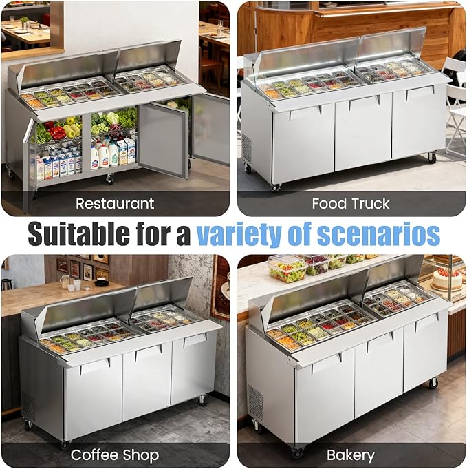 72" W Commercial Refrigerator Sandwich Salad Prep Table, Stainless Steel 3-Door Sandwich Prep Table Refrigerator, Counter Fan Cooling Refrigerator with 30 Pans for Restaurant, Bar