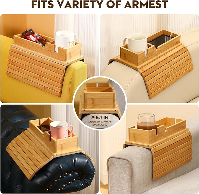 Bamboo Couch Arm Tray with Detachable Cup Holder, 2 in 1 Foldable Anti-Falling Design for Cups, Snacks, Remote, Cellphone