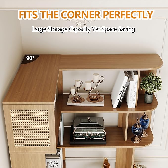 Corner Shelf,7-Tier Corner Bookshelf,Farmhouse L Shaped Shelves Etagere Bookcase, Large L Shaped Bookshelf with Vine Woven Open Storage Cabinet for Home Office (Large,Log Color)
