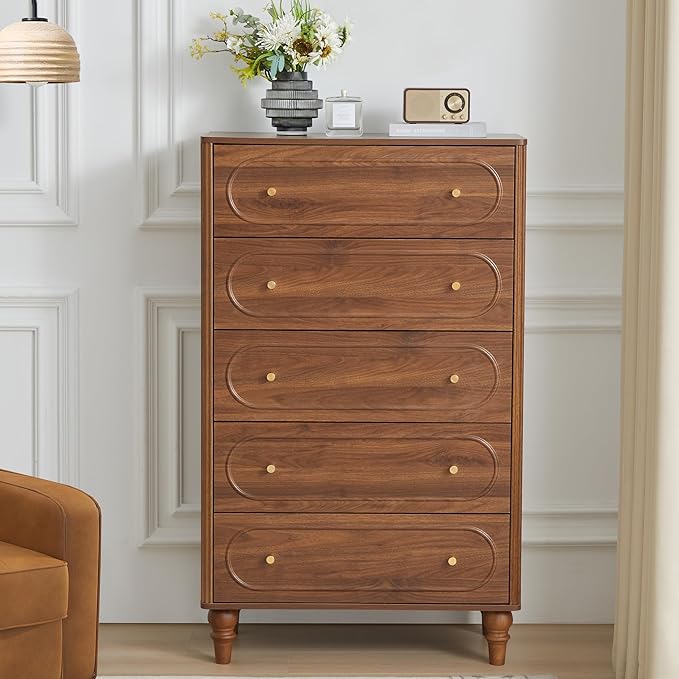 Fluted 5 Drawer Dresser for Bedroom Set of 2, Modern Mid Century Chest of Drawers, Wood Storage Large Dresser Organizer for Bedroom Living Room Closet Hallway, Walnut
