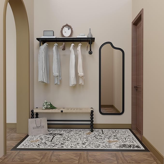 Clothes Rack 36in, Wall Mounted Garment Racks with Real Black Wood Shelf, Heavy Duty Hanging Clothes Rack, Multi-Purpose Hanging Rod, Space-Saving Closet Storage