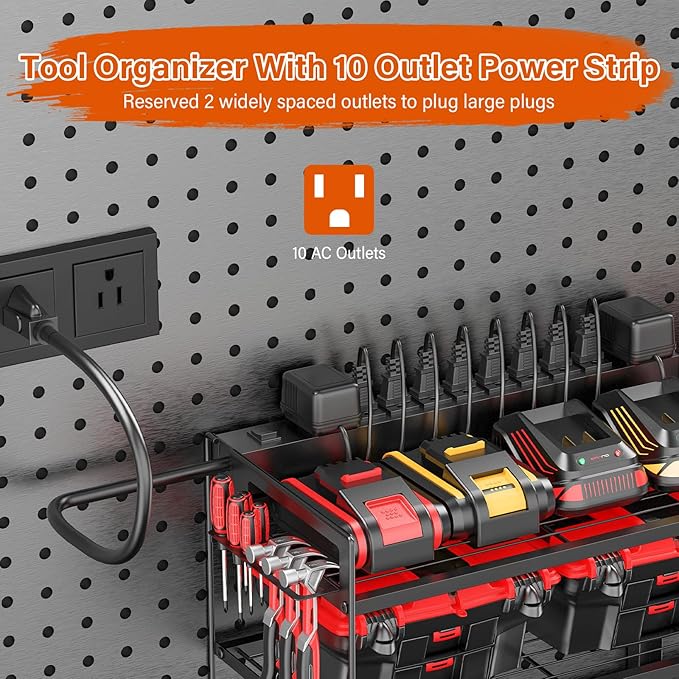 JUNNUJ Large Power Tool Organizer with 10 Outlet Power Strip, 3 Layer Wall Mount Drill Holder with Charging Station, 8 Drills Storage Shelf Shop Garage Utility Rack, Black