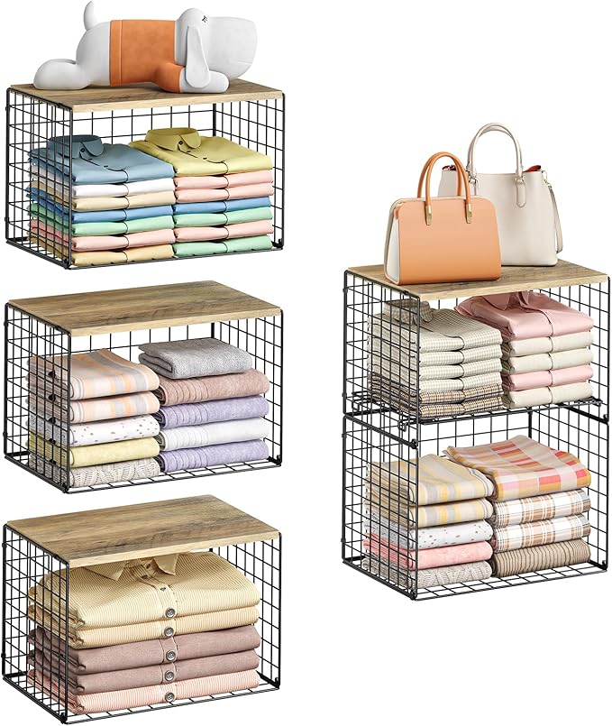 5-Tier Large Stackable Closet Organizer and Storage Basket, Sturdy Closet Shelf Organizer with Wood Top, Stackable Storage Bins Cubes for Clothes with Adjustable Shelf for Wardrobe Organization