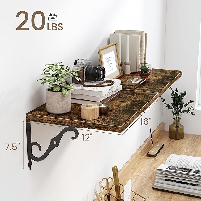 16 Inch Deep Floating Shelves for Wall, 12 Inch Deep Floating Shelf with Bracket, Wall Shelves 16 Inches Long, Wide Display & Storage Shelves for Living Room, Bathroom, Bedroom, Rustic Brown, Set of 2