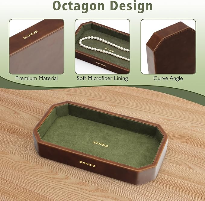 SANZIE Leather Tray Organizer Small Trays Decorative Tray Desktop Storage Premium Serving Tray Valet for Sundries Cosmetics Keys Phone Wallet Cutlery (Brown, Small)