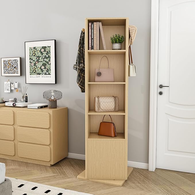 Montary 360° Rotating Makeup & Jewelry Cabinet with Full-Length Mirror - Standing Storage Organizer with Coat Rack, 4-Tier Open & Built-in Shelves, Walnut