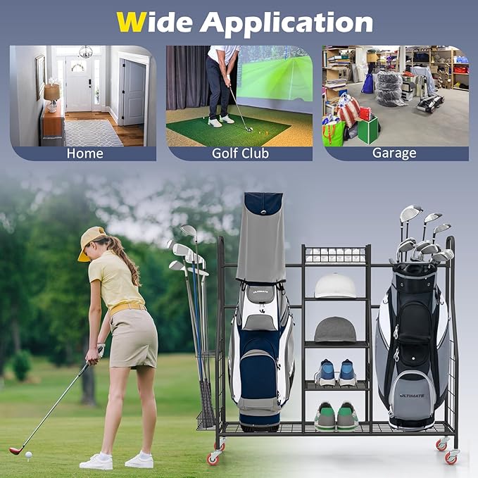 GYMAX Golf Bag Organizer, Golf Storage Garage Organizer with Lockable Wheels & Golf Club Side Pockets, Extra Large Golfing Equipment Rack for Golf Accessories Garage Organizer