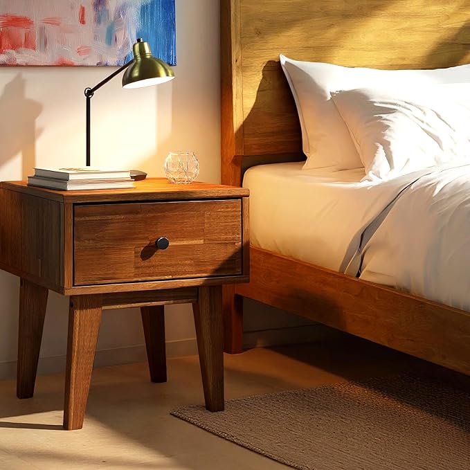 Acacia Sofia Nightstand with Drawer, Bedside Table, Solid Wood Bedside End Table with Drawer and Storage Space for Bedroom, Chocolate
