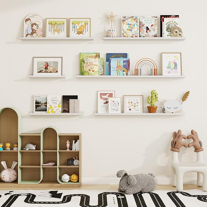 Fun Memories Picture Ledge Shelf, Solid Pine Wood Floating Shelves Set of 4, 16 Inches Nursery Book Shelves for Toys Storage, Kids Bookshelf Wall Mounted for Living Room Decor Photo Frames, White
