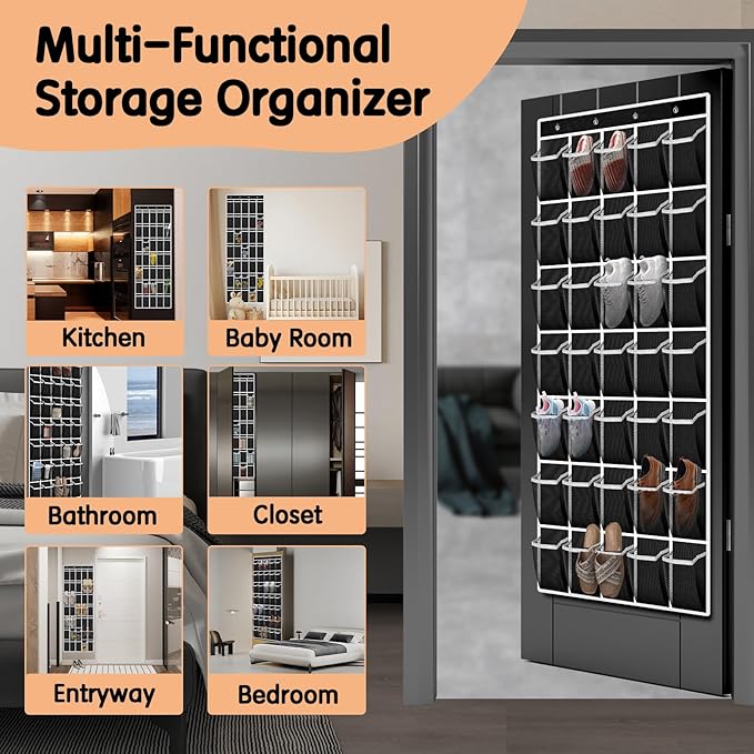 35 Compartment Over The Door Storage - Breathable Mesh Hanging Organizer with Large Pockets, Space Saving Design for Men & Women's Footwear, Closet, Bedroom- Black