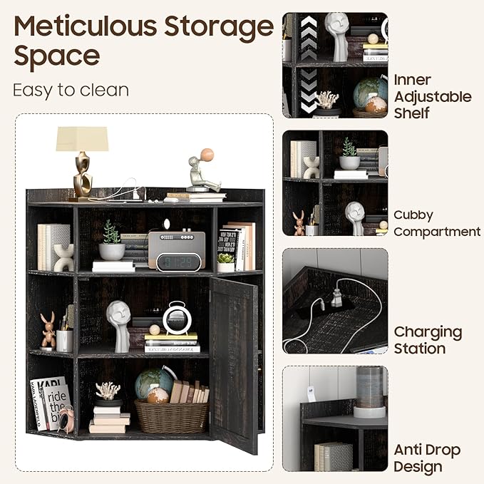 Corner Storage Cabinet, Farmhouse Corner Bookshelf with Storage 6-Cubby Wooden Cabinet with USB Ports and Outlets Industrial Organizer for Small Space, Study, Playroom, Living Room
