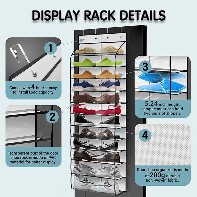 Over The Door Shoe Organizer with 12 Large Breathable Pockets - Durable Hanging Storage for the Entire Family's Shoes - White