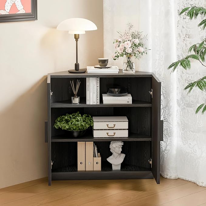 Casaphoria Farmhouse Corner Cabinet, Wooden Corner Storage Cabinet with Adjustable Shelves, Narrow Storage Organizer for Small Space, 31" H x 31" W x 16" D, 44Lb, Black