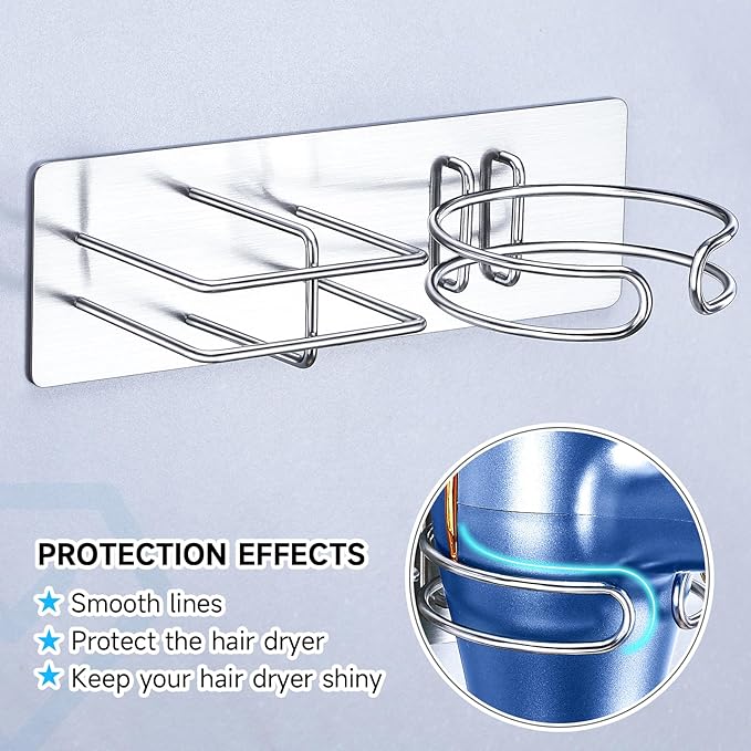 Hair Straightener Holder Hair Dryer Holder Wall Mounted, Blow Dryer and Curling Iron Holder, Blow Dryer Holder Wall Adhesive, Hair Dryer and Straightener Holder for Bathroom Salon (Silver)