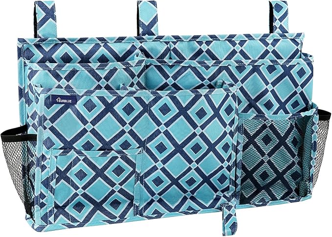 Surblue Bedside Caddy Hanging Bed Organizer Storage Bag Pocket for Bunk and Hospital Beds, College Dorm Rooms Baby Bed Rails, Camp 8 Pockets, (Large, Blue Plaid)