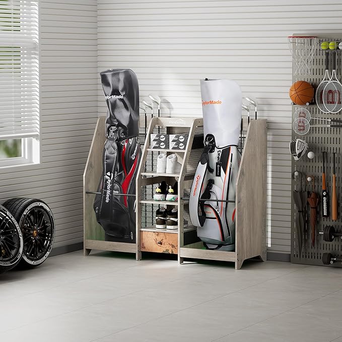Golf Bag Storage Organizer for Garage, Premium Wooden 2 Golf Bags Rack with Drawer, Easy Assemble Golf Club Stand/Holder Suitable for Garage Home Simulator and Office