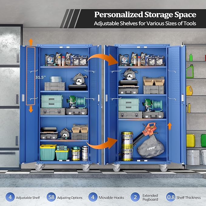 VINGLI 72'' Tall Metal Garage Storage Cabinet with Pegboards, Wheels, Locking Doors and Adjustable Shelves, File Cabinet/Tool Cabinet for Home Office/School (Blue, 32W x 16D x 72H)
