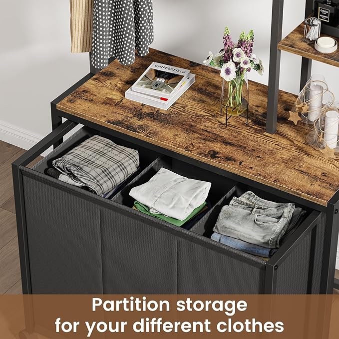 Laundry Hamper with 3 Section Rolling Bags and Shelf, 4 Tiers Tall Laundry Basket Sorter for Organization and Storage, Clothes Rack with Laundry Sorter for Laundry Room Bathroom Bedroom, Rustic Brown