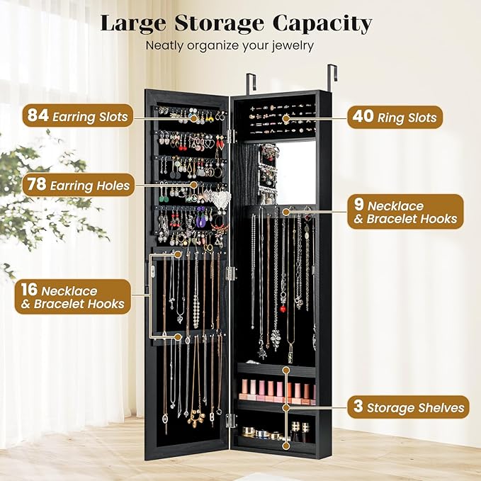 Giantex Wall Mounted Jewelry Cabinet with Full Length Mirror, Over The Door Jewelry Armoire Organizer with Large Storage, Makeup Mirror & Velvet Lining (Black)