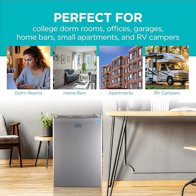 BLACK+DECKER 2.5 Cu. Ft. Compact Refrigerator, ENERGY STAR Certified, Single Door Mini Fridge with Chiller Compartment, Personal Fridge for Home or Dorm Room, R600a Refrigerant, BCRK25V,Stainless Look