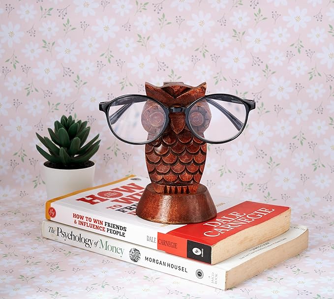 Stocking Stuffers Wooden Owl Glasses Holder Night Stand Reading Eyeglass Retainer White Elephant Gifts for Adults Women Men Him Her Mom Dad Car Christmas Gifts