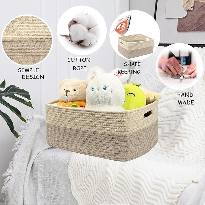 COMFY-HOMI 2 pcs Large Storage Baskets for Shelves, Laundry Basket, Woven Rope Basket, Closet Organizer Bins for Clothes Blanket Towels, Baby Nursery, Gift Toy Baskets, 17” x 13” x 7.5”-Beige Brown