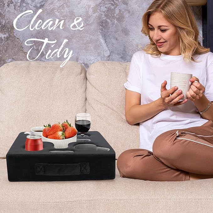 Couch Cup Holder Pillow-Sofa Cup Holder Tray Caddy Cupholder for Bed, Rv, Tv, Car, Man Cave, Backseat for Remote, Drinks, Snacks (Square-Black)