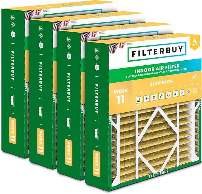 Filterbuy 21x24.5x5 Air Filter MERV 11 Superior Pet & Allergy Defense (4-Pack), Electrostatic Pleated HVAC AC Furnace Filters for Rheem, Ruud, and Protech (Actual Size: 20.63 x 24.13 x 4.38)