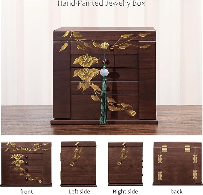Hand-Painted Wooden Jewelry Boxes for Women - 8-Layer Large Lockable Jewelry Box with Compartments, Dresser Top Jewelry Organizer, Vintage Wooden Jewelry Storage