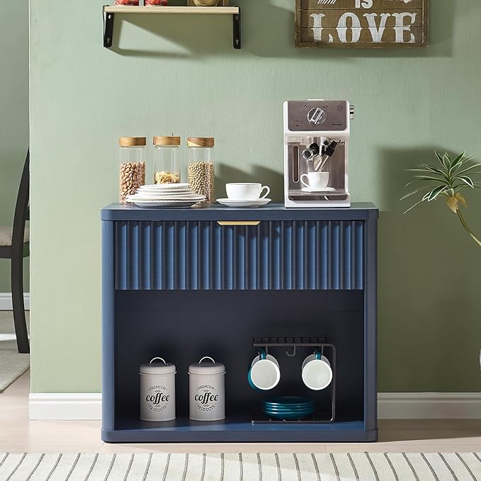 LEYAOYAO 31" Wide Fluted Nightstand Set of 2 with Charging Station, Oversized Extra Large 1 Drawer Night Stand with Golden Handle, Blue Wood Bedside Table Tall End Tables,for Bedroom, Living Room