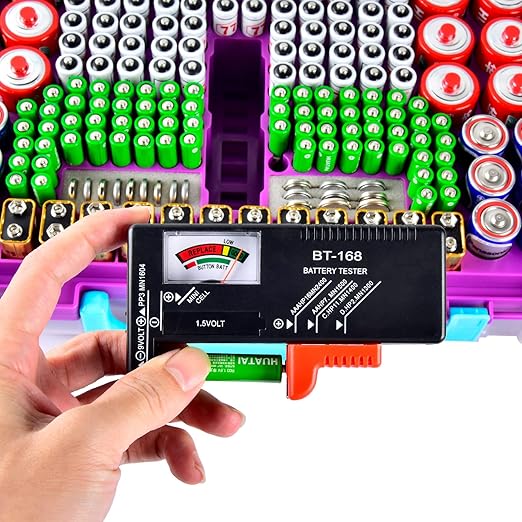 Battery Storage Organizer Case Holder Box with Tester, Double-Sided Batteries Fits for 269 Caddy Container AA AAA AAAA 3A 4A 9V C D Lithium 23A 4LR44 CR123A CR1632 CR2032 - Purple