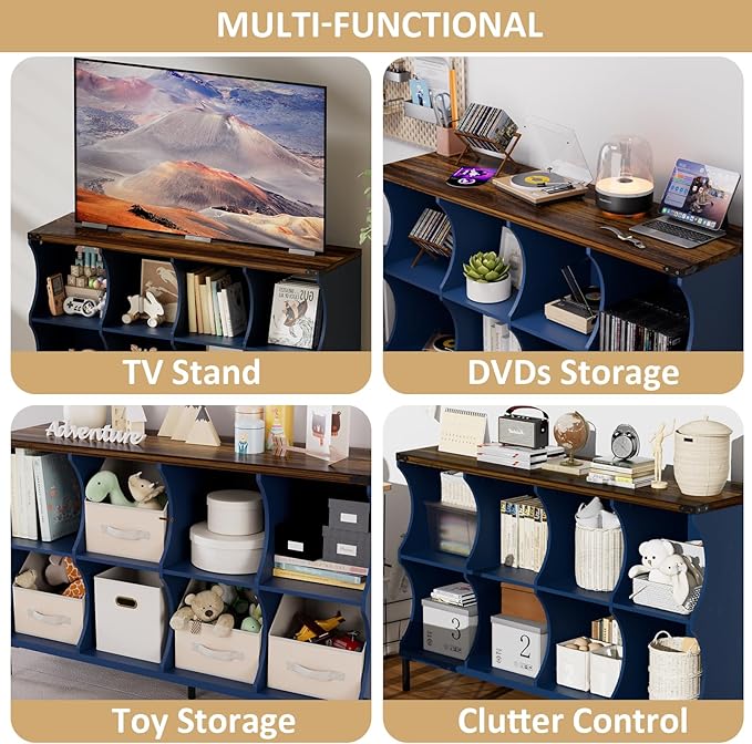 8 Cube Storage Shelf Organizer, Low Book Shelf Bookcase Entryway Table, Wood Closet Storage Display Cabinet TV Stand for Living Room, Office,Bedroom, Dorm, Blue with Natural Top