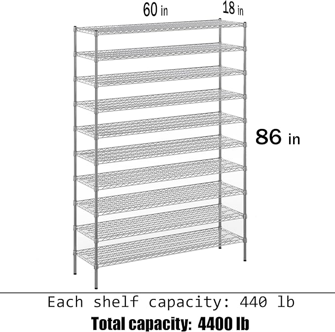 18" Deep x 60" Wide x 86" Height Wire Shelving Kit | 10-Tier | NSF Commercial Storage Rack Unit