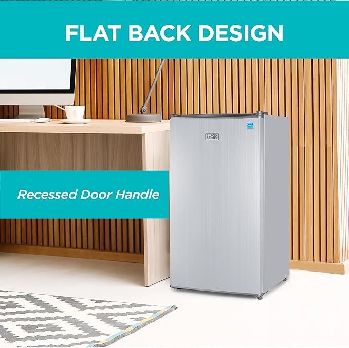 BLACK+DECKER 3.2 Cu. Ft. Compact Refrigerator, ENERGY STAR Small Refrigerator, Single Door Mini Fridge with Chiller Compartment, Personal Fridge for Home or Dorm Room, BCRK32V, Stainless Look